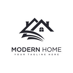 Fototapeta premium Minimalist modern home logo design featuring abstract house roof silhouettes and elegant curved lines for real estate branding