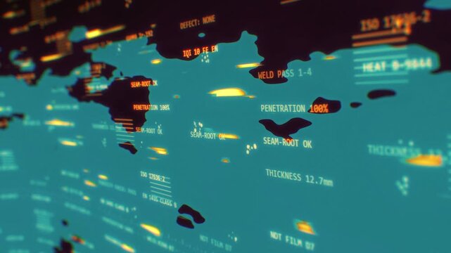 Global cybersecurity interface with digital world map and glowing orange data telemetry on a dark teal screen in a 3D animation