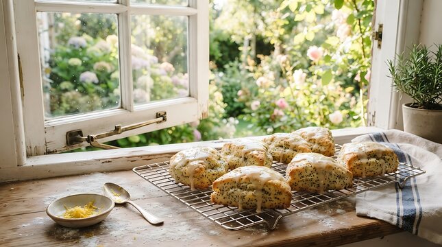 Freshly baked homemade scones cooling on a rack near a rustic open window with garden view.