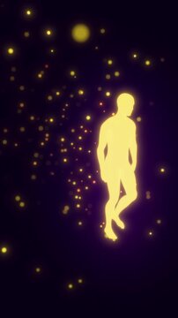  looped 3D animation. A man walks through golden particles