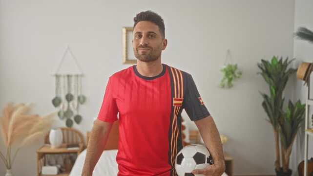 Man holding a soccer ball with hand on chest in a bedroom inside a building, wearing a red supporter jersey with a spain flag patch and smiling; pride.