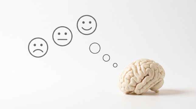 Brain model with a thought bubble showing sad neutral and happy faces