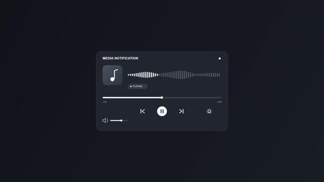 A digital interface window displays an active audio playback controller featuring playback progress bars and music note symbols for user experience within a dark themed software application