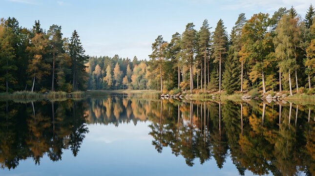 Forest trees reflect clearly on the calm water surface of a serene lake.