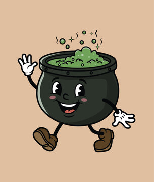 Retro cartoon witch cauldron character walking and waving with bubbling green potion
