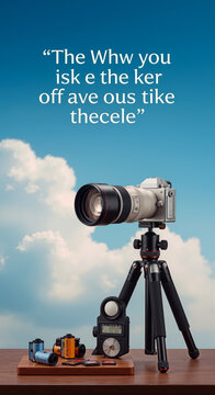 Professional camera on tripod with telephoto lens and equipment against cloudy sky backdrop