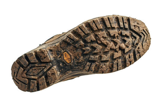 Bottom view of a muddy hiking boot sole with deep tread patterns and a small yellow detail isolated on a transparent background
