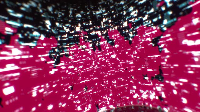 Glitch data error tunnel with flashing magenta code elements and distorted cyber text in a panoramic 3D motion background
