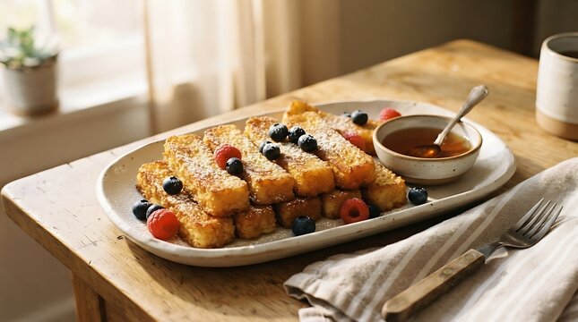 Delicious french toast sticks served with fresh berries and maple syrup on a rustic wooden table.