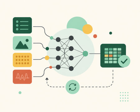 AI neural network processing text, images and data, illustrating machine learning, automated analysis and intelligent digital technology