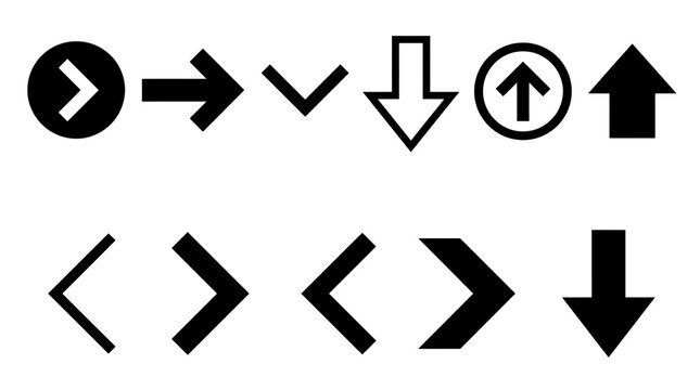 Black and white directional arrow icons set. Minimalist pointer signs collection. Navigation and interface symbols pack. Flat design web and mobile app elements.