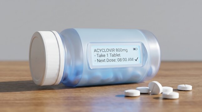 Smart medicine bottle displaying electronic dosage details next to white pills on wood table.