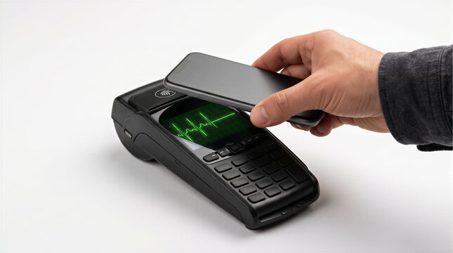 Hand using smartphone to make contactless NFC payment on POS terminal showing flatline ECG, conceptual 3D render representing digital bankruptcy, empty mobile wallet and overspending.