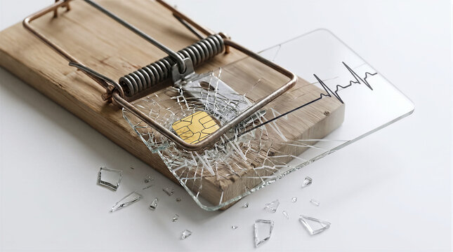 Broken transparent credit card trapped in a mousetrap with ECG line, conceptual 3D render representing hidden financial risk, debt trap, sudden economic crash and health impact.