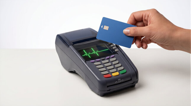 Hand tapping credit card on POS terminal showing a flatline ECG heart rate monitor, conceptual 3D render representing financial death, empty bank account, debt and overspending crisis.