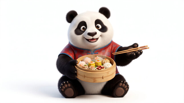 Cute giant panda in traditional red Chinese clothing holding chopsticks and a bamboo steamer filled with dim sum, conceptual 3D render representing Asian cultural gastronomy.