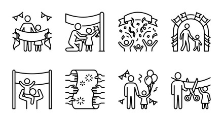 Fototapeta premium Celebration Icons: Family Fun, Achievement, Awards, and Party Moments Vector Set