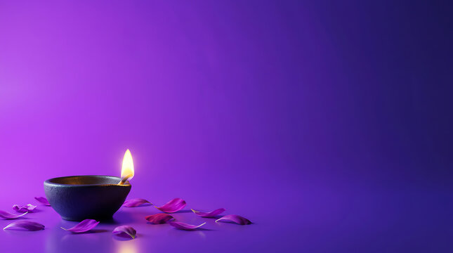 A beautiful happy diwali background featuring a glowing traditional clay oil lamp with scattered flower petals