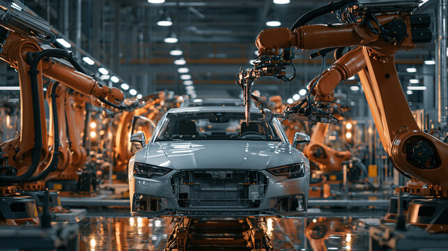 Sleek modern automated car manufacturing facility with advanced robotic arms assembling silver sedan in bright industrial factory, high technology, efficiency, innovation