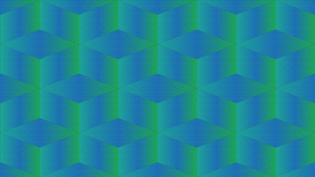 Blue and green gradient geometric cube pattern with isometric perspective and fine line texture