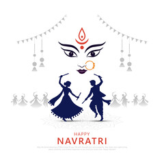 Happy Navratri, silhouette illustration of couple playing Dandiya with background goddess Durga, Garba Night banner poster for Navratri Dussehra festival of India. © krevia