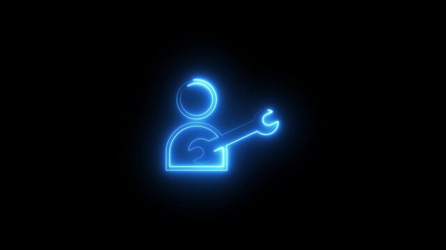 Neon glowing service worker icon animation line drawing style on simple black background.