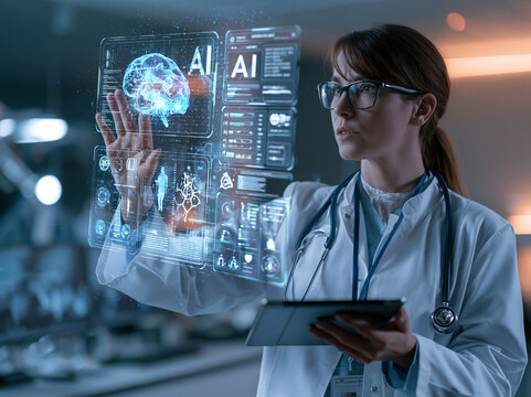 Female doctor stethoscope digital screen artificial intelligence brain scan futuristic medical technology innovation healthcare hospital
