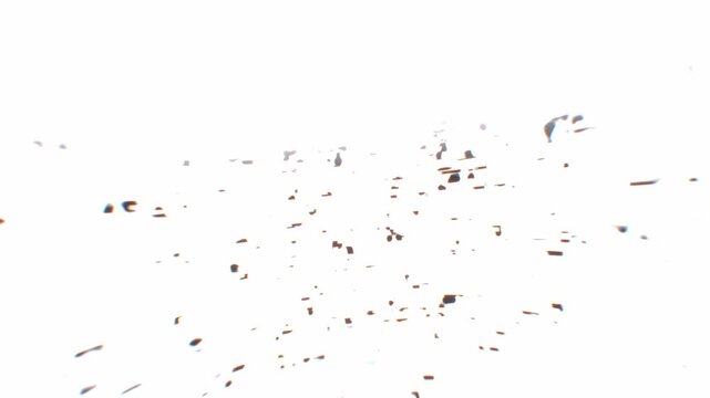 Dark digital data debris and glitched fragments float across an overexposed bright white background in a 3D animation