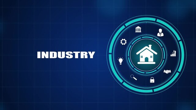 Digital real estate industry concept, futuristic HUD interface displaying property sector elements, modern corporate business network animation.