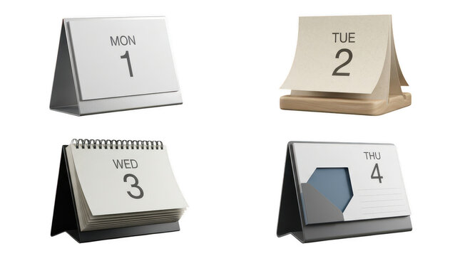 Four different desk calendars showing days of week and numbers on white background transparent background