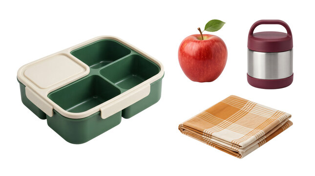 Packed lunch, a divided green lunch box appears beside a red apple, food flask and checked napkin. Compartments and a burgundy handle define the dining collection on a transparent background.