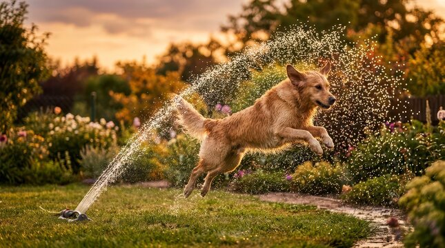 Golden Retriever Dog Joyfully Jumping Through Sprinkler Water in Lush Garden During Sunset