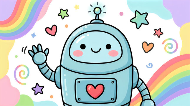 Cute cartoon robot waving hello with rainbow and hearts illustration