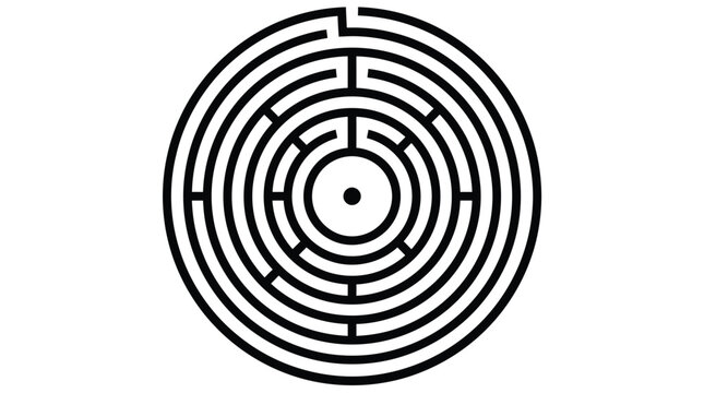 Circular maze graphic featuring bold black lines on clean white background illustrating complex puzzles and difficult intellectual logic paths