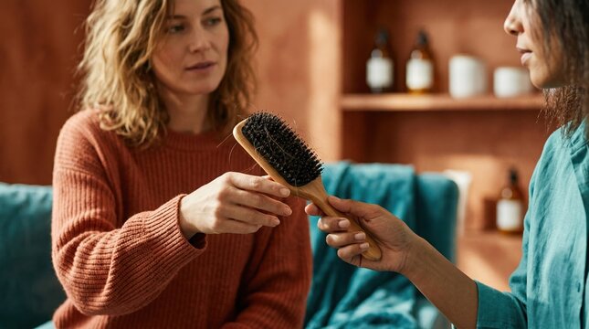 Woman handing a used wooden hairbrush to a friend. Sharing personal items and risk of head lice transmission concept