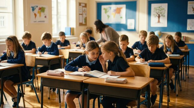 Elementary school students in classroom setting. Two girls whispering at a desk. Close interaction and communication in primary school
