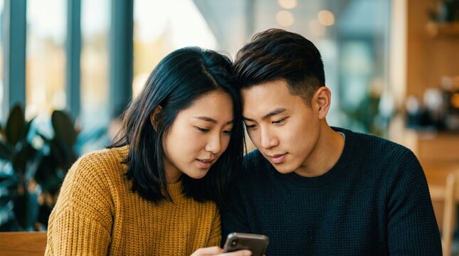 Asian couple sitting with heads touching while looking at a smartphone. Close physical proximity and risk of head lice transmission concept