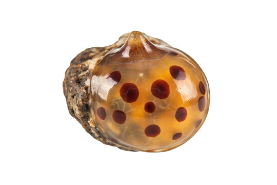 Close up of a translucent amber colored snail shell with dark brown spots and a textured rough base surface isolated on a transparent background