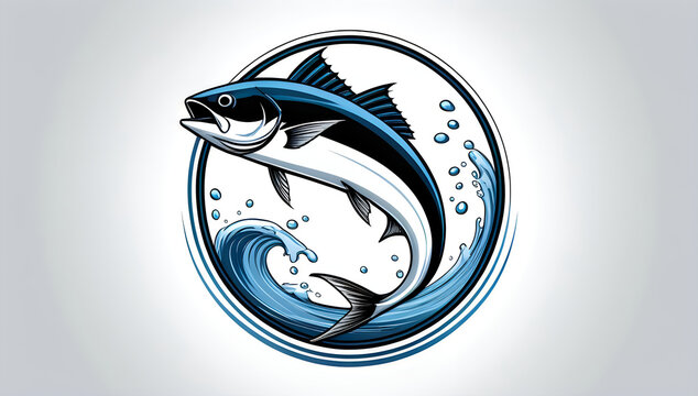 Jumping tuna fish illustration in a circular frame illustration