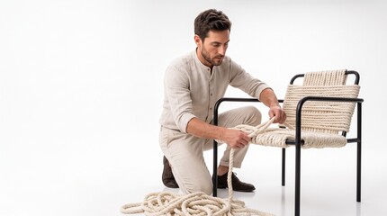 Fototapeta premium Artisan craftsman in linen clothing weaving thick unbleached wool ropes into an industrial steel armchair frame on white studio background, cozy brutalism and custom furniture design concept with copy