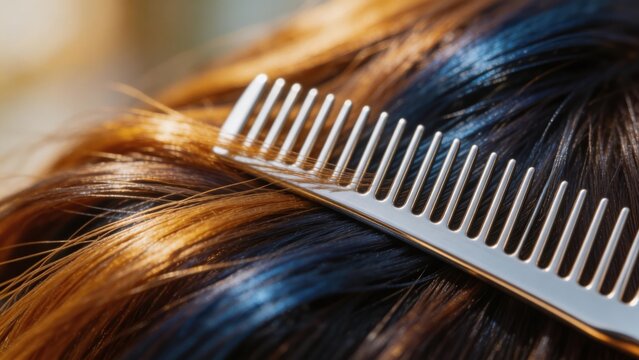 Specialized metal nit comb used for lice and nit removal from hair. Close up of pediculosis treatment and scalp hygiene