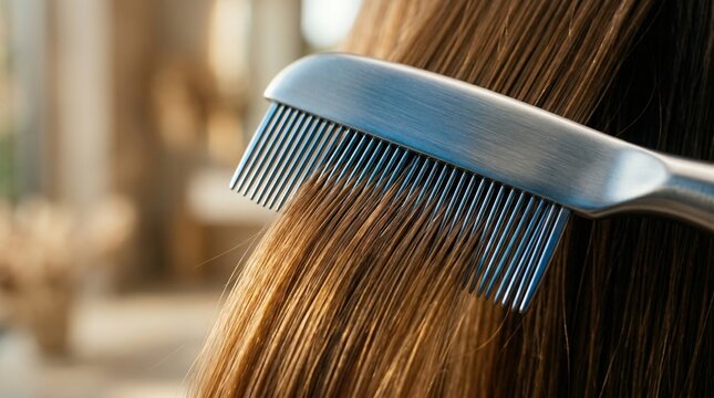 Specialized metal nit comb used for lice and nit removal from hair. Close up of pediculosis treatment and scalp hygiene