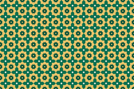 Islamic geometric seamless pattern gold eight point stars on emerald