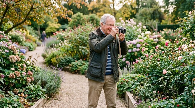 Senior photographer taking photos in botanical garden with camera