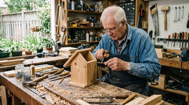 Elderly man crafting wooden birdhouse with tools in garage workshop