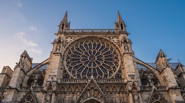 The intricate gothic facade of Notre Dame Cathedral in Paris, featuring its iconic rose window and detailed stonework under a clear blue sky.