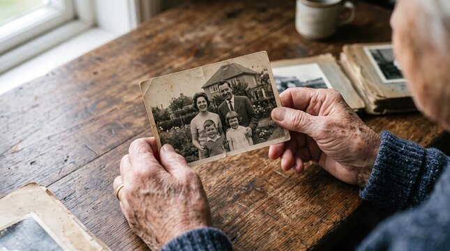 Elderly hands holding vintage black and white photograph