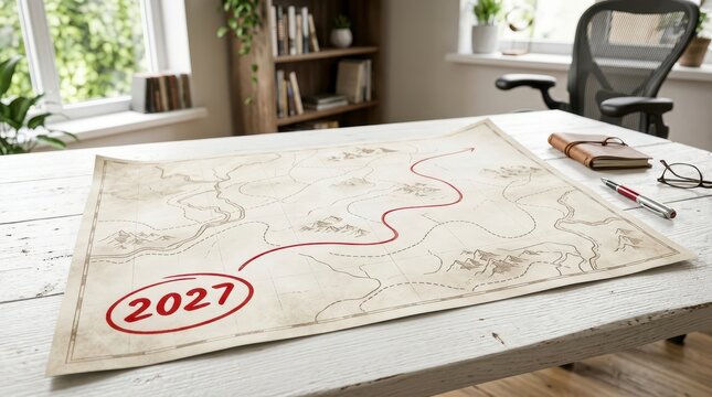 Blank Roadmap on White Table Planning Strategic Goals for 2027 with Scenic Window View