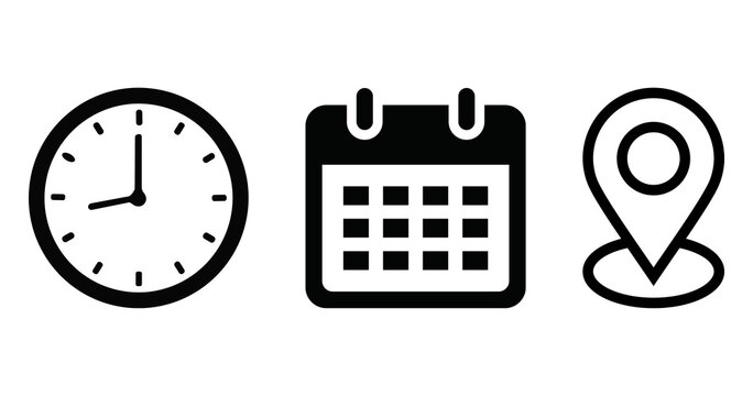 Clock, calendar and location pin vector icon collection for time, date and address concepts, appointment scheduling, meeting deadlines, business planning, productivity and organization png