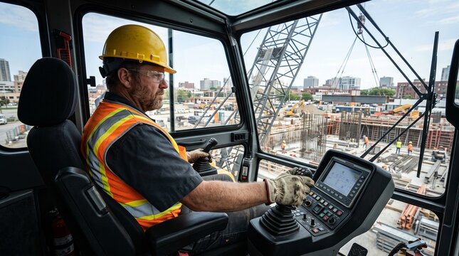 Crane operator hand on joystick control inside panoramic crane cab